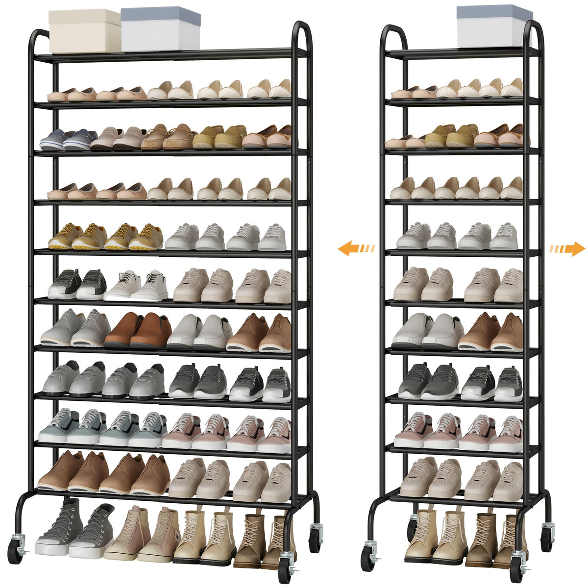 STO STO Expandable Shoe Rack shown in full-height black metal design for organized entryways.