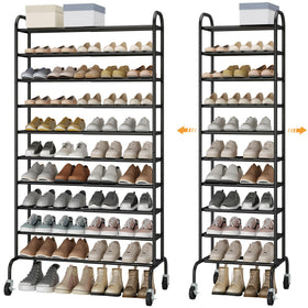 STO STO Expandable Shoe Rack shown in full-height black metal design for organized entryways.