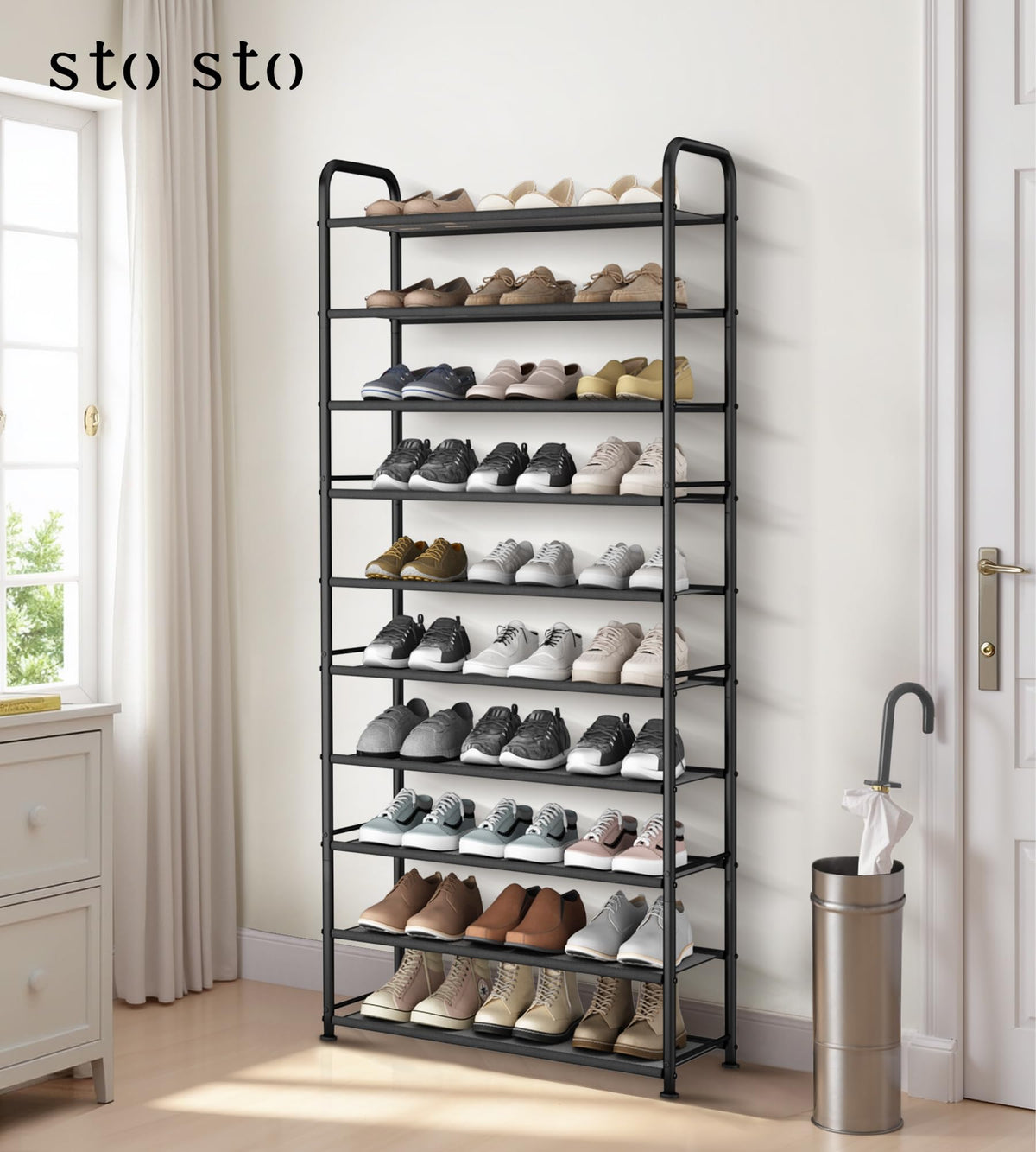 STO STO tall metal shoe rack showing full height for 30-pair capacity