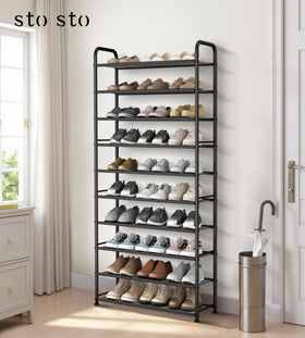 STO STO tall metal shoe rack showing full height for 30-pair capacity