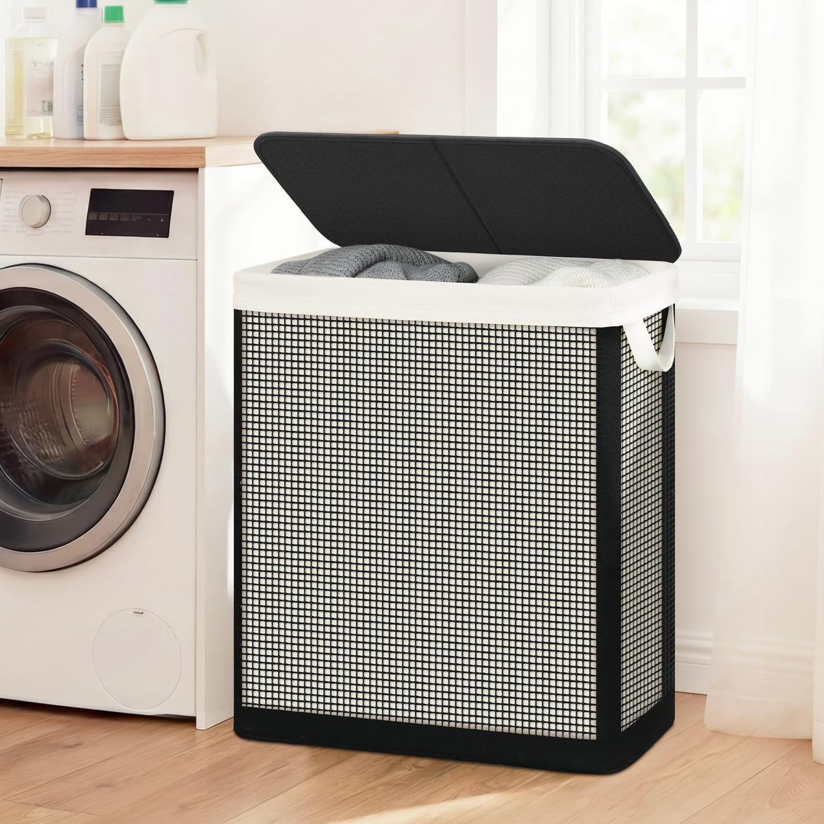 STO STO two-section laundry sorter keeps lights and darks separate for easier sorting.