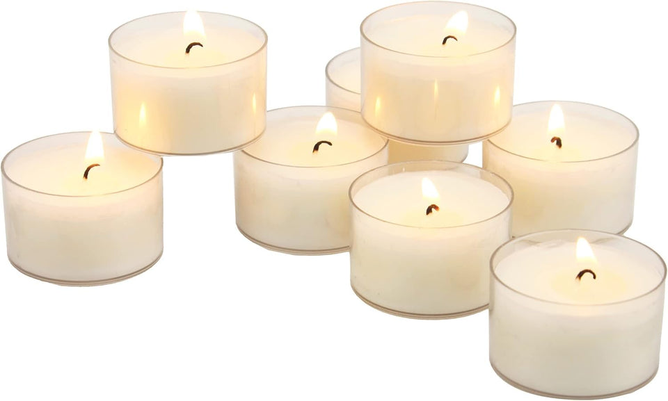 Stonebriar tealight in a clear cup, unscented, ideal for elegant centerpieces.
