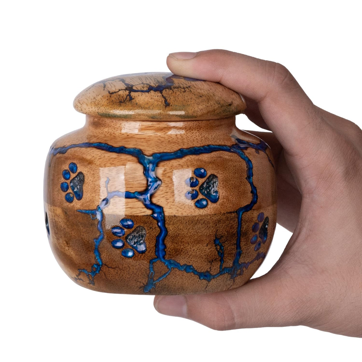 STONLIF blue wood urn on shelf in home setting