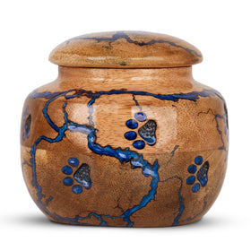 STONLIF wood pet urn front view blue, elegant memorial display