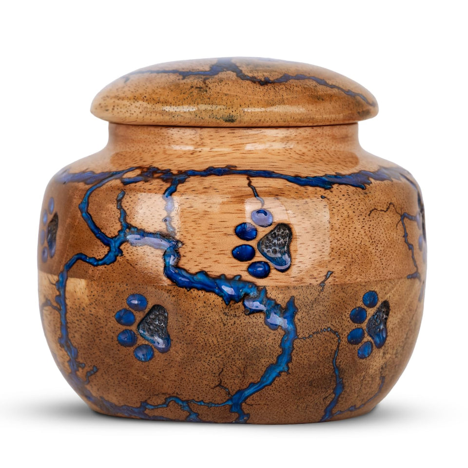 STONLIF wood pet urn front view blue, elegant memorial display