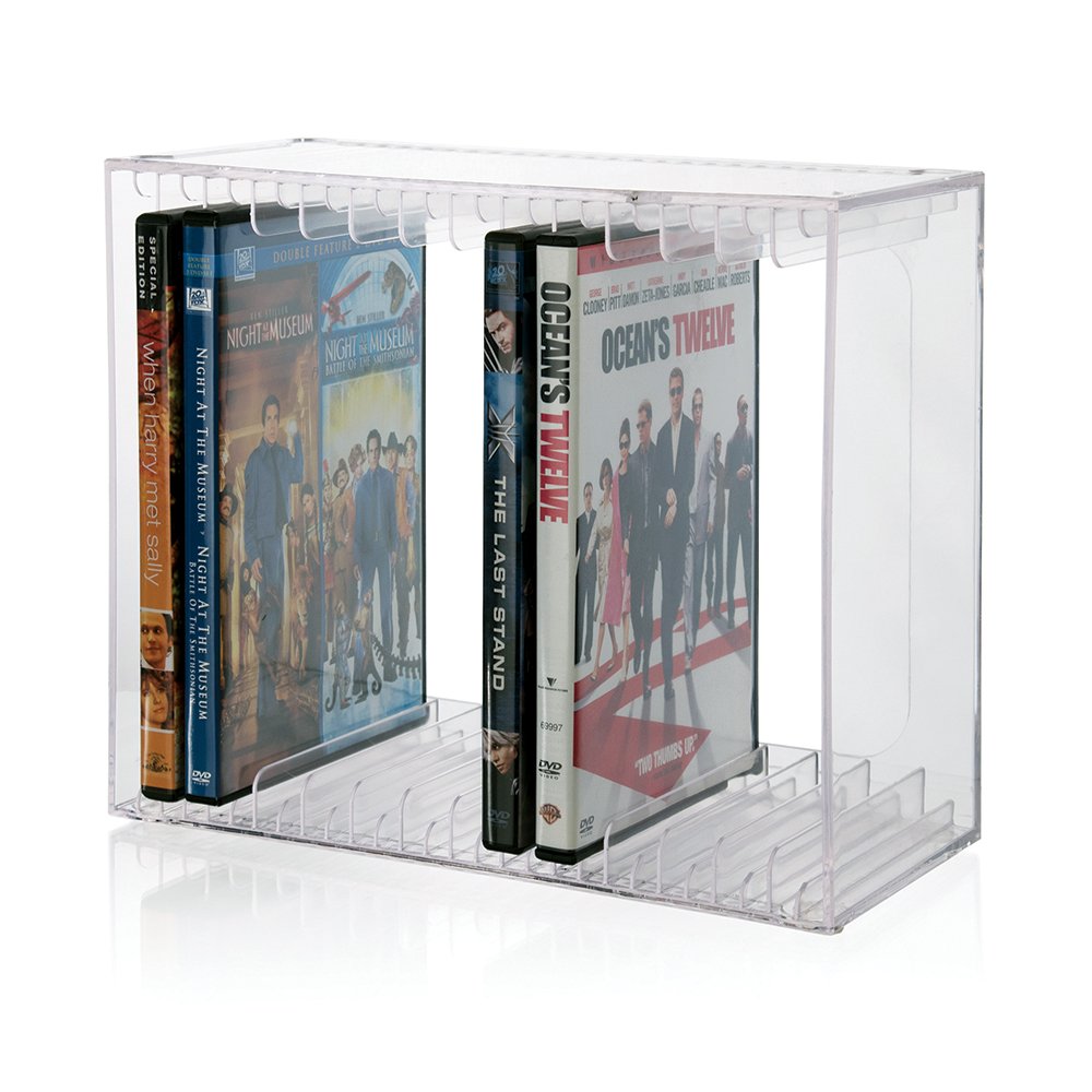 STORi stackable DVD organizer front view shows clear material for easy access to 14 discs
