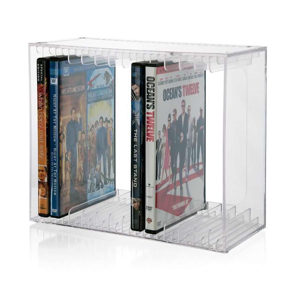 STORi stackable DVD organizer front view shows clear material for easy access to 14 discs