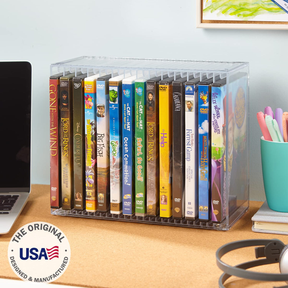 STORi stackable DVD organizer side view highlighting compact footprint
