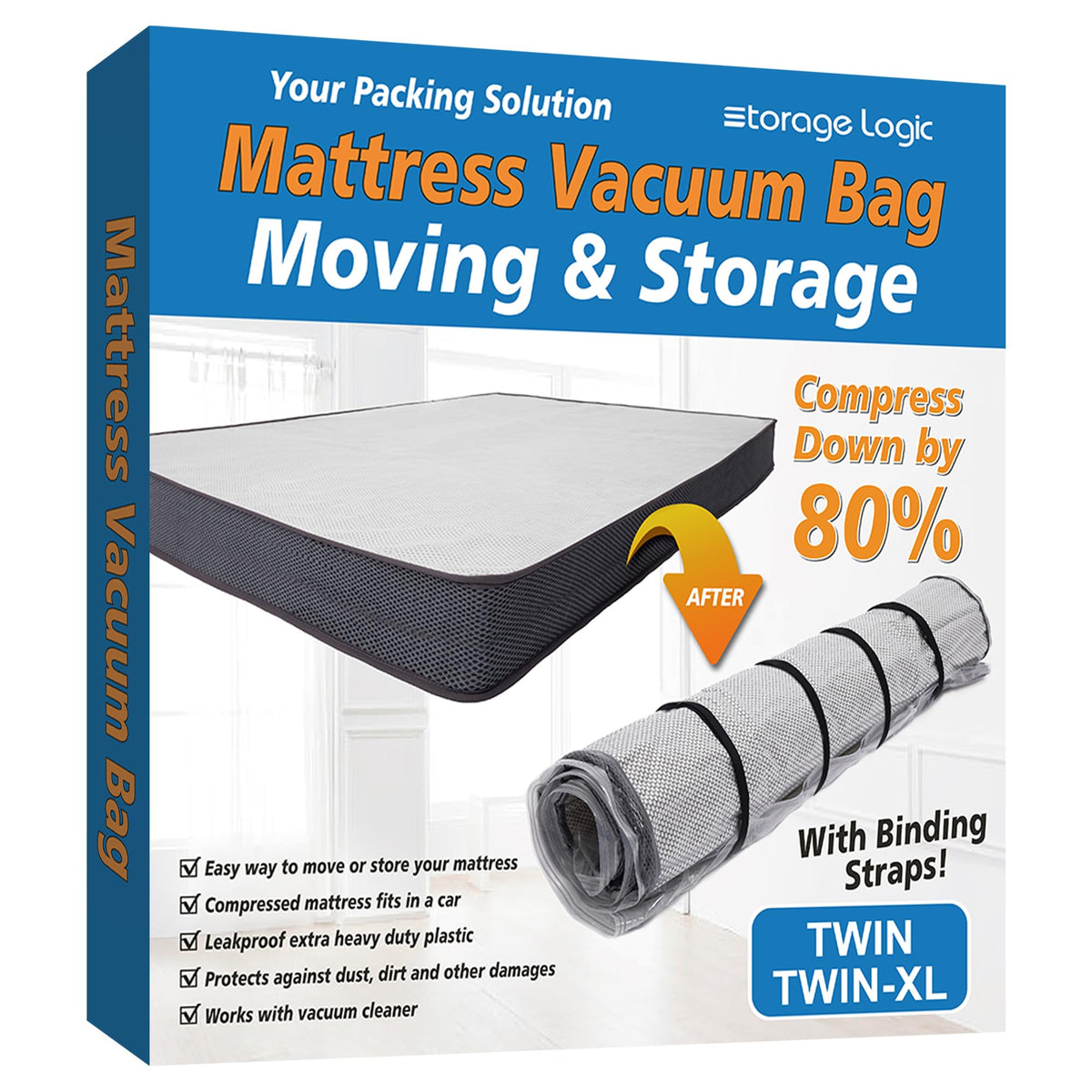 Storage Logic mattress vacuum bag twin XL for secure, compact moving.