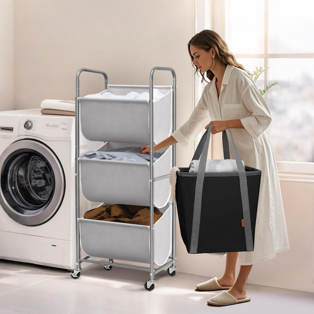 Storage Maniac 3-tier sorter with wheels enables easy mobility.