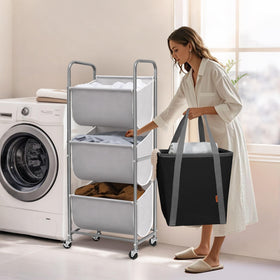 Storage Maniac 3-tier sorter with wheels enables easy mobility.