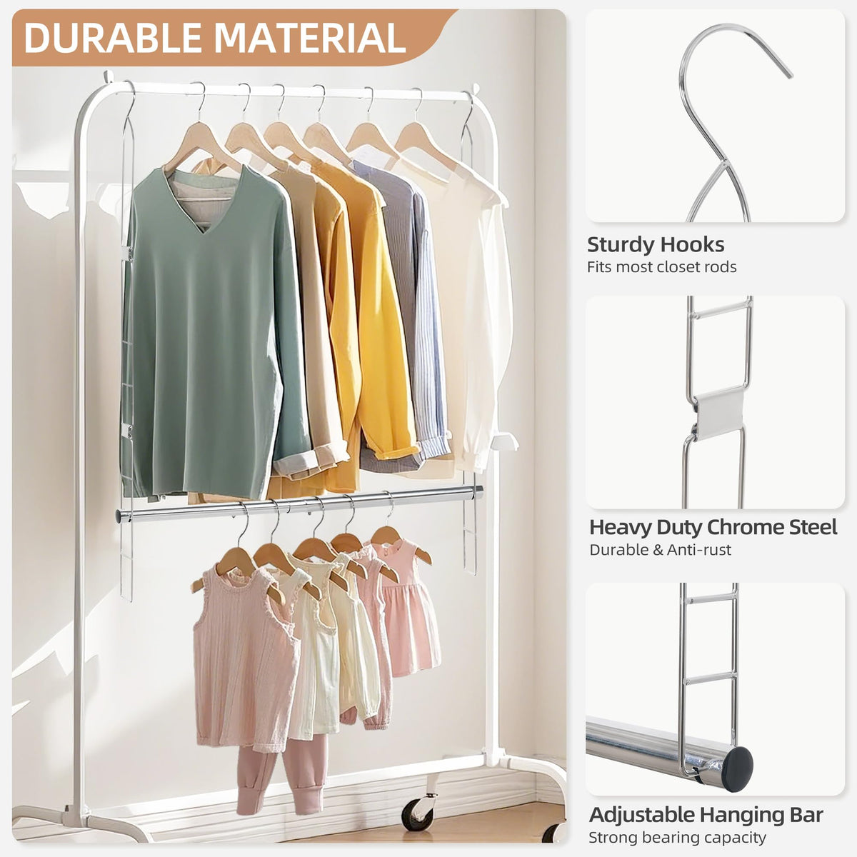 Storage Maniac adjustable height rod offers six levels to maximize space