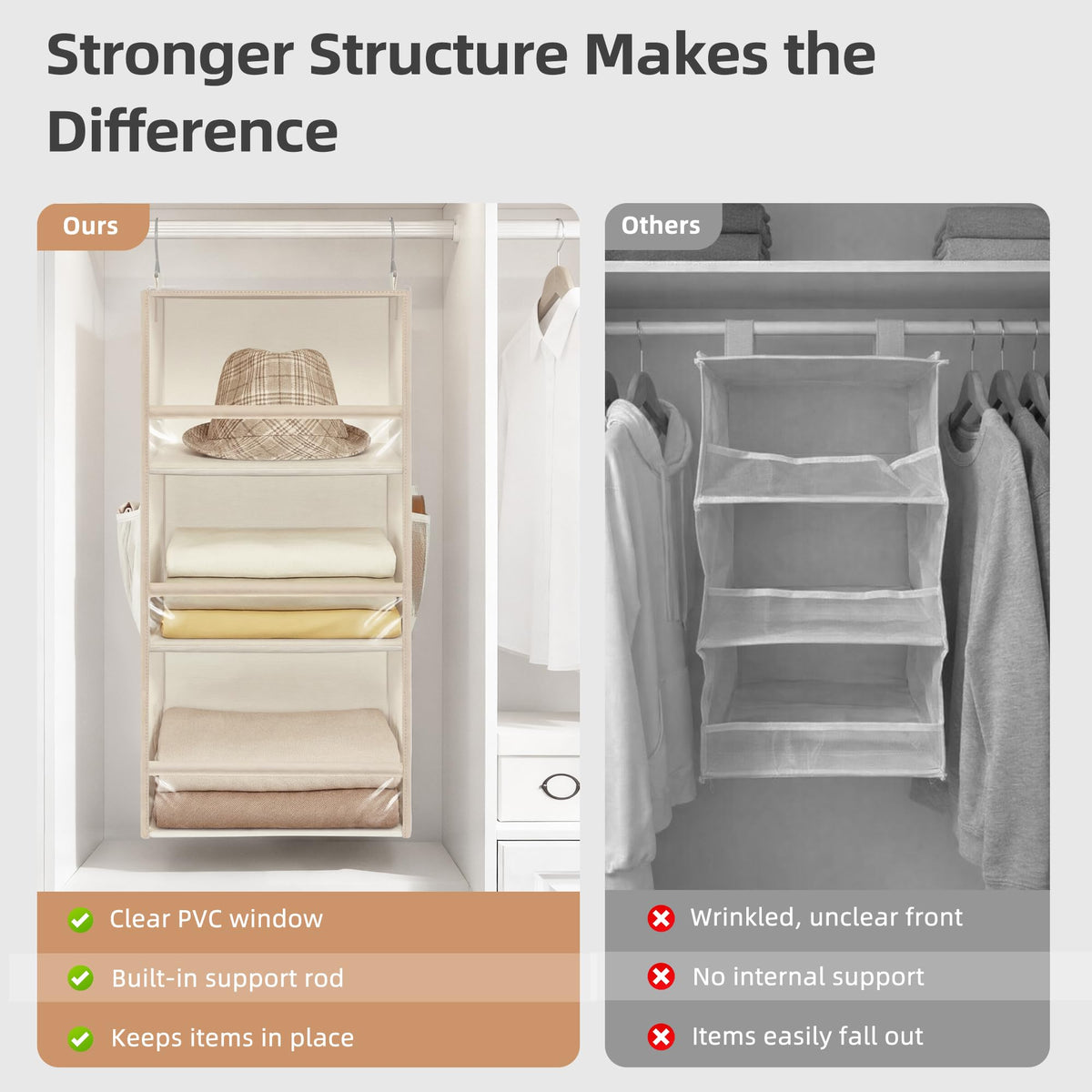 Storage Maniac anti-fall design with 8mm rods prevents items from slipping.