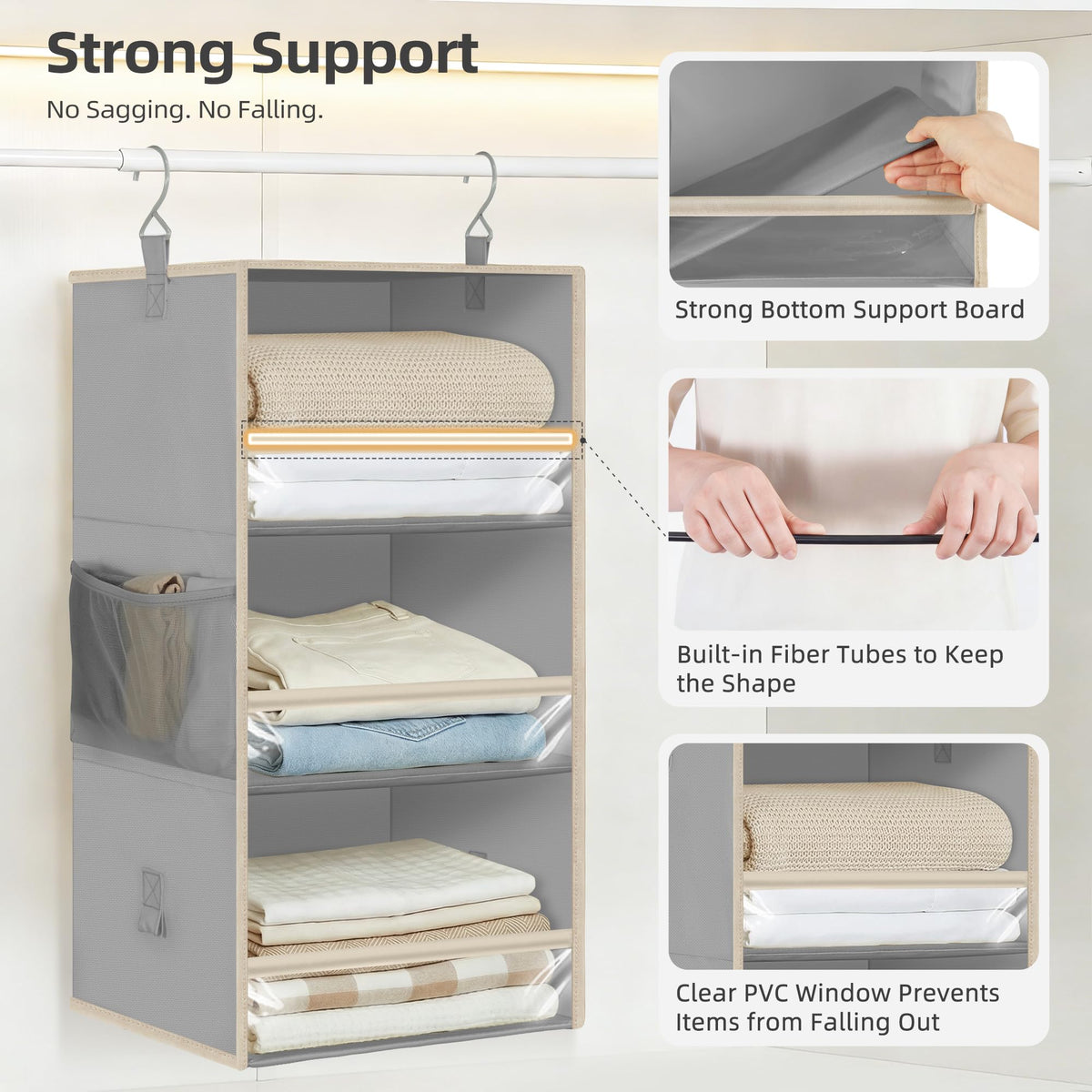 Storage Maniac anti-fall design with clear PVC front keeps items visible