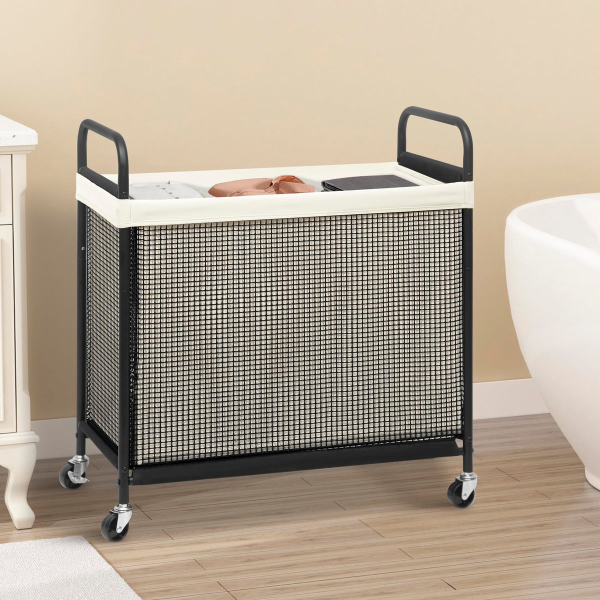 Storage Maniac 120L cart fits bedrooms, bathrooms, and laundry rooms.