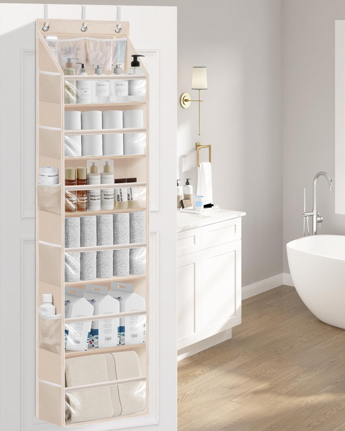 Storage Maniac bathroom pantry organizer ideal for towels and cosmetics.