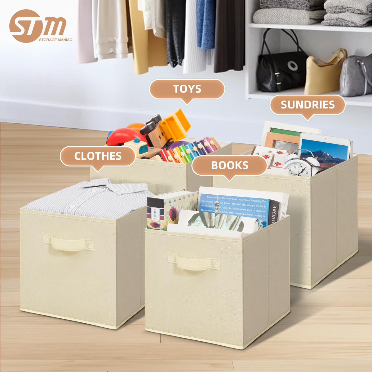 Storage Maniac beige storage cubes handles closeup for easy access