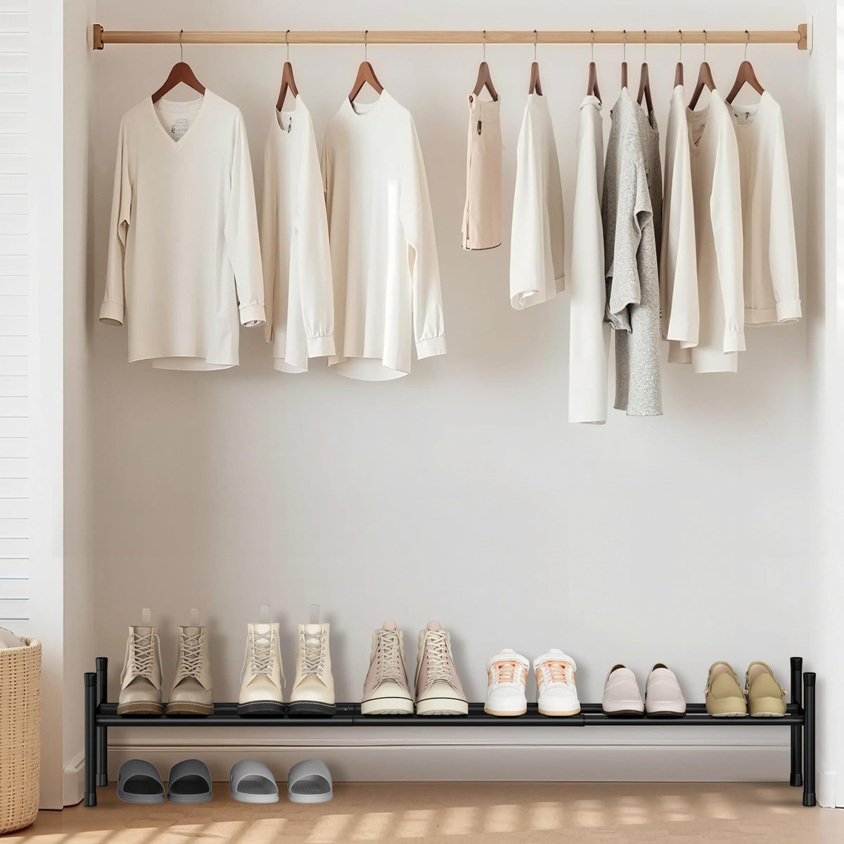 Storage Maniac closet-friendly shoe rack fits in closet or entryway.