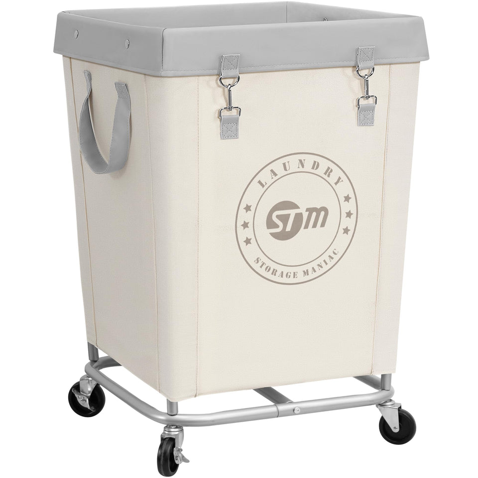 STORAGE MANIAC commercial laundry hamper front view, beige fabric, sturdy frame for heavy-duty use