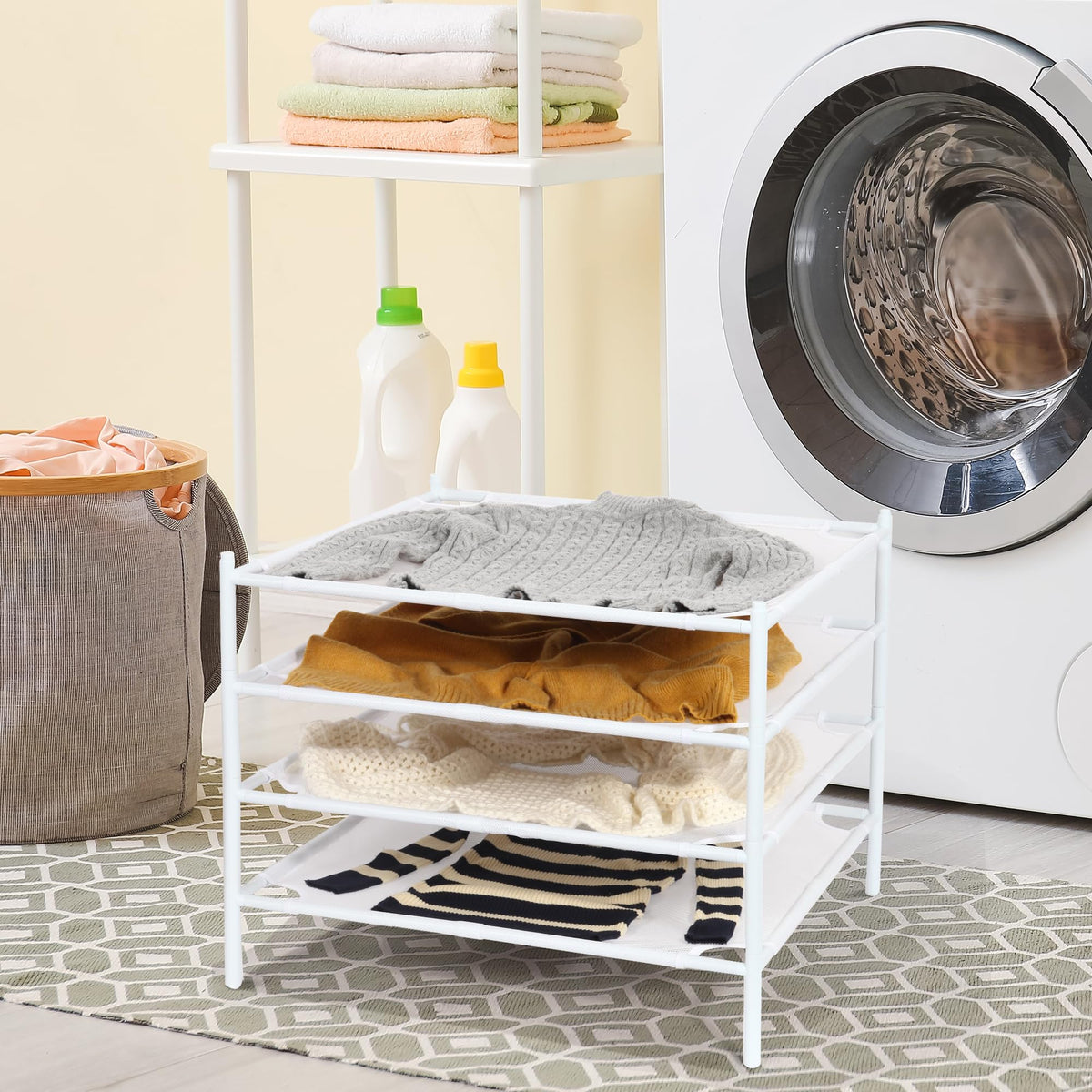 Storage Maniac four-pack drying rack helps organize compact laundry areas.