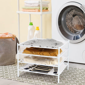 Storage Maniac four-pack drying rack helps organize compact laundry areas.