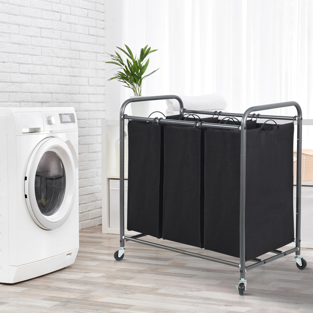 Storage Maniac three-bag sorter fits in closets and laundry rooms for easy organization.