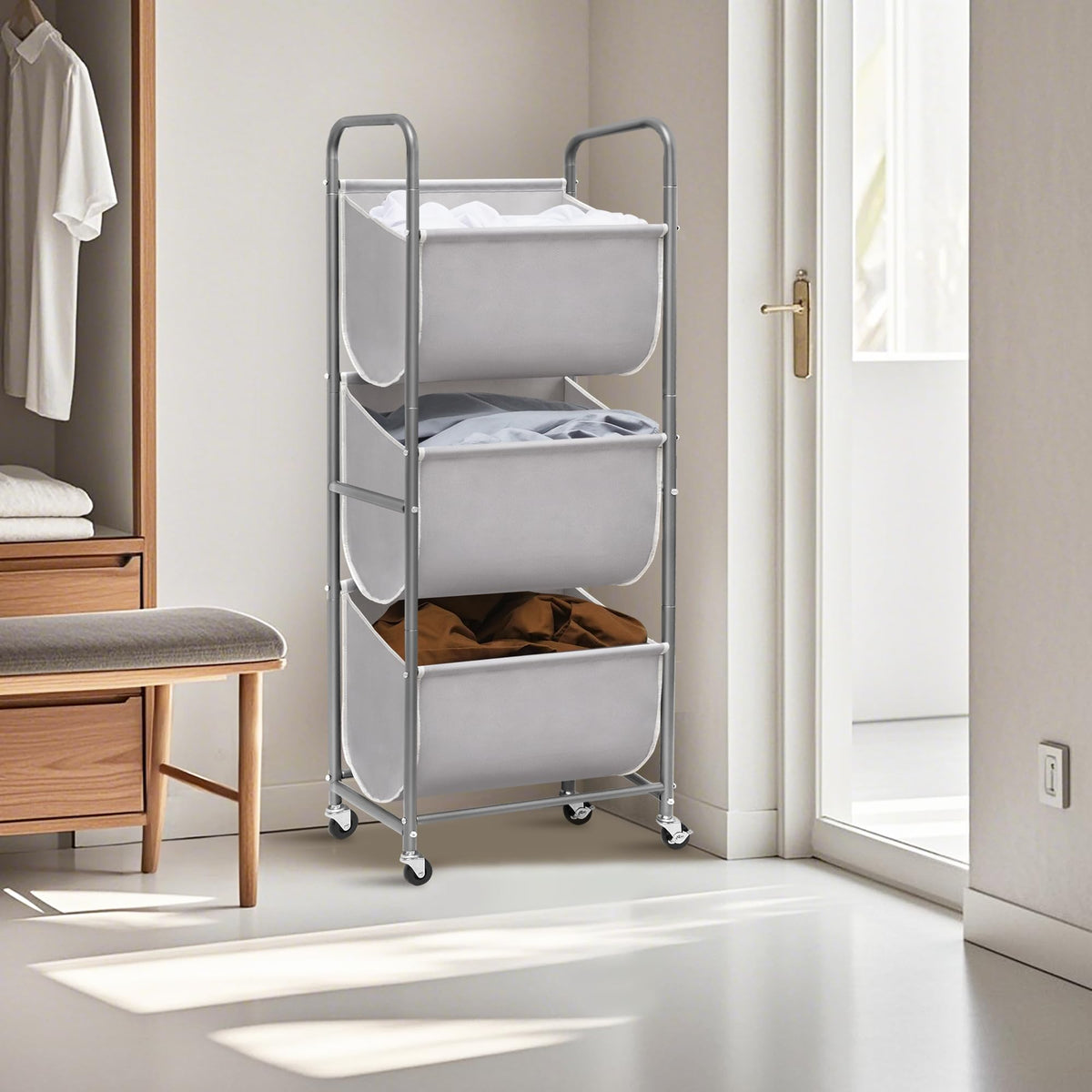 Storage Maniac dorm-friendly setup keeps laundry organized and accessible.