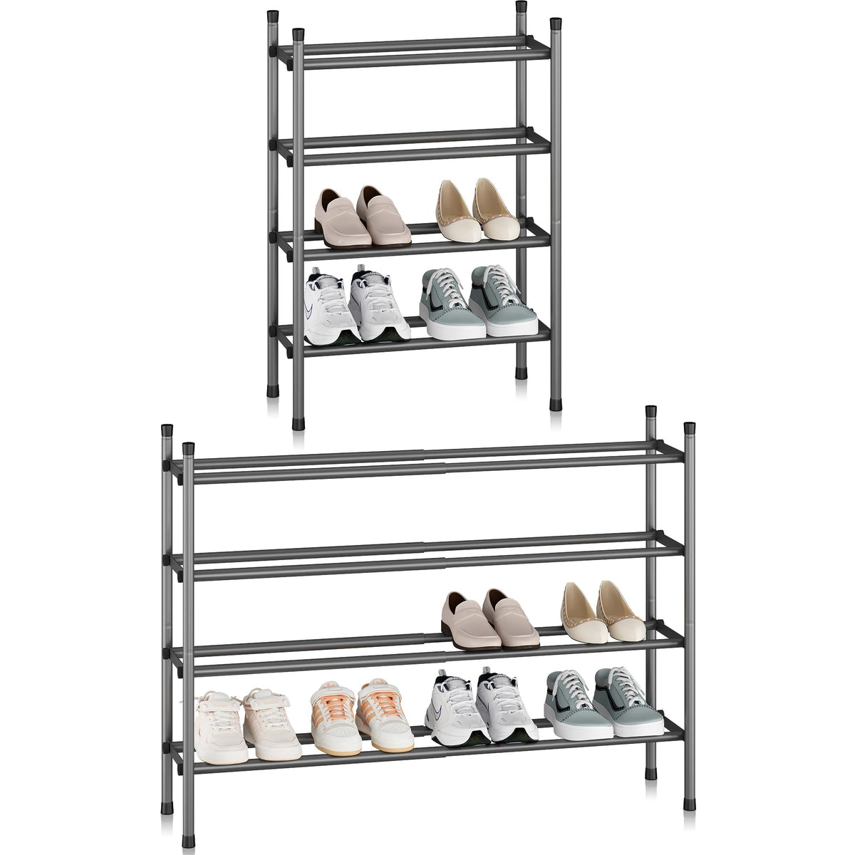 Storage Maniac expandable shoe rack in extended length for flexible space use.