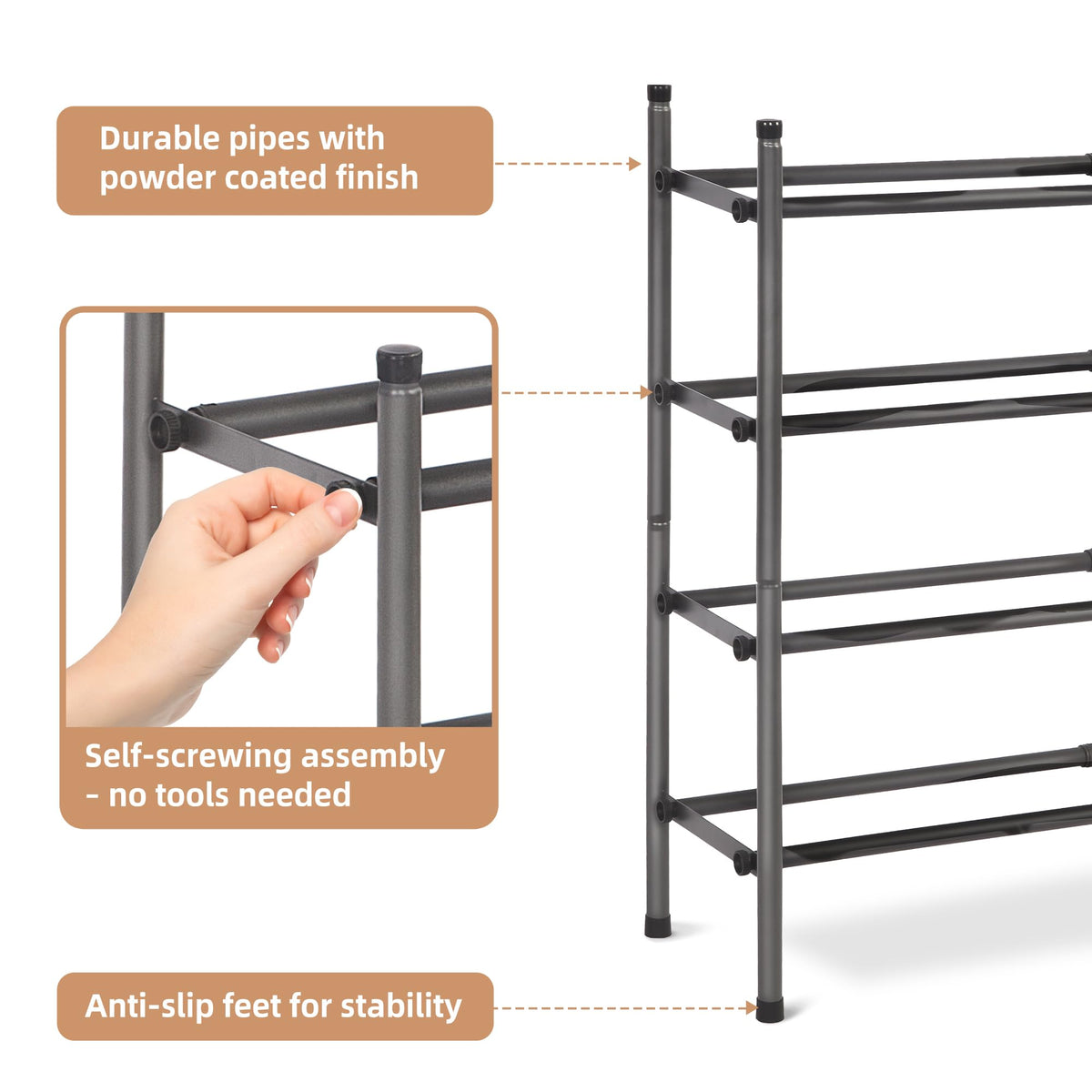 Storage Maniac metal frame emphasizes durability for daily shoe storage.