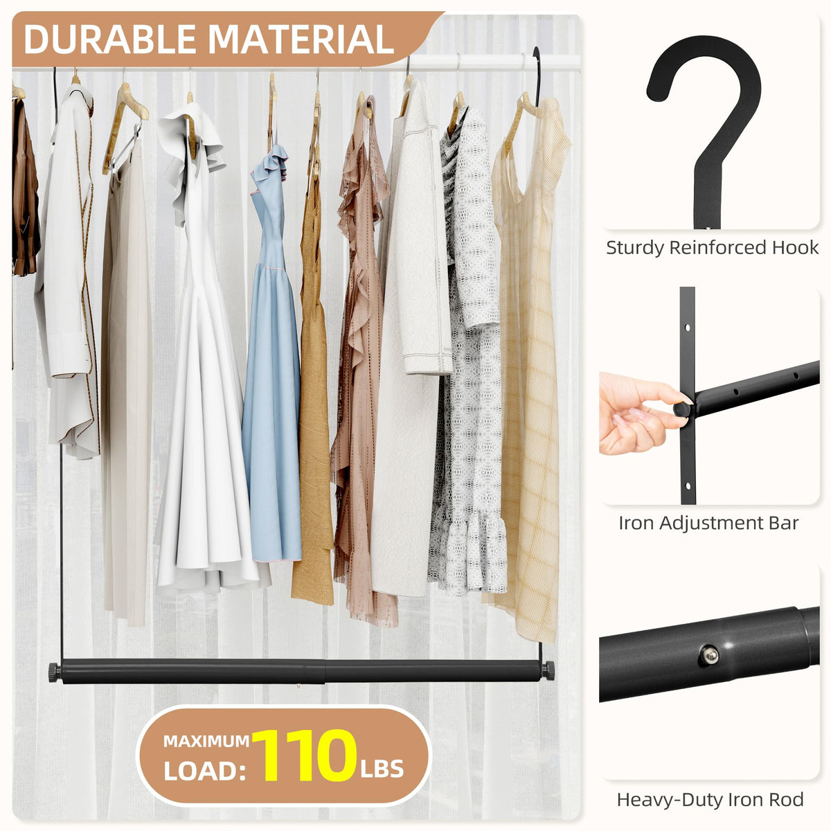 Storage Maniac heavy-duty chrome closet bar supports up to 110 pounds in busy closets.