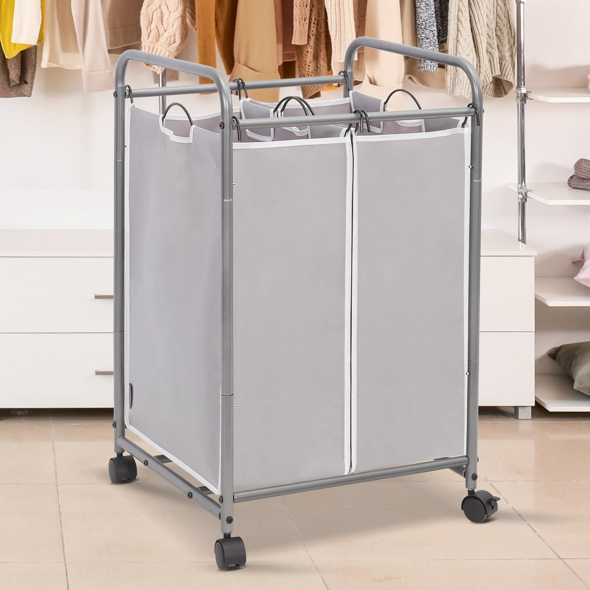 STORAGE MANIAC removable bags highlight easy transfer to laundry room.