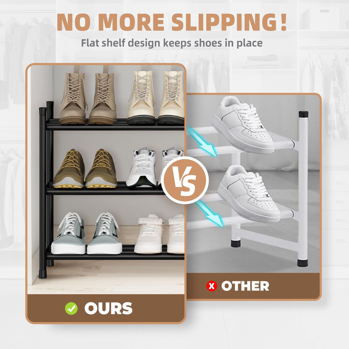 Storage Maniac long expandable shoe rack anti-slip feet keep shoes secure.