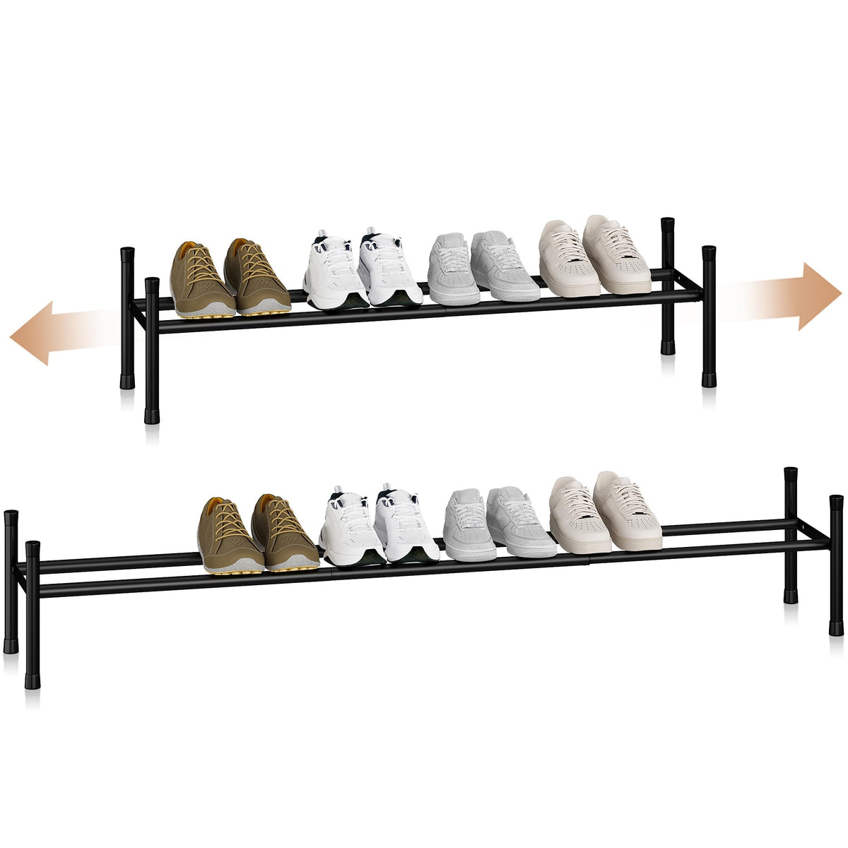Storage Maniac long expandable shoe rack extended, fits up to six to eight pairs.