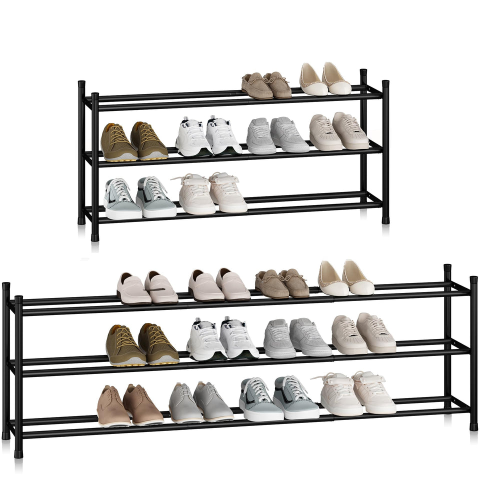 Storage Maniac long expandable shoe rack side view demonstrates space-saving expansion.