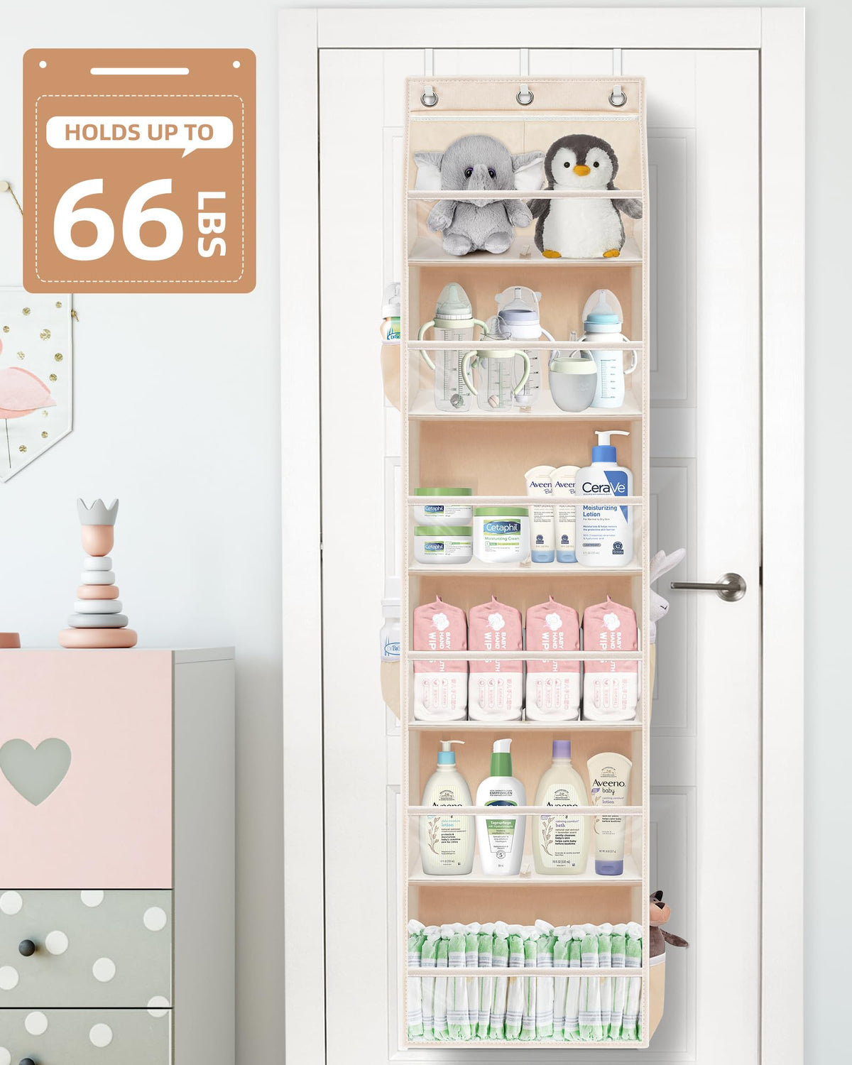 Storage Maniac nursery storage keeps diapers and toys neatly organized.