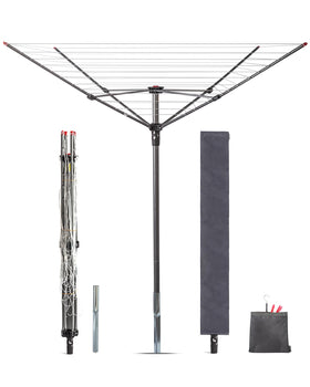 Storage Maniac outdoor umbrella drying rack fully set up in backyard for ample air drying