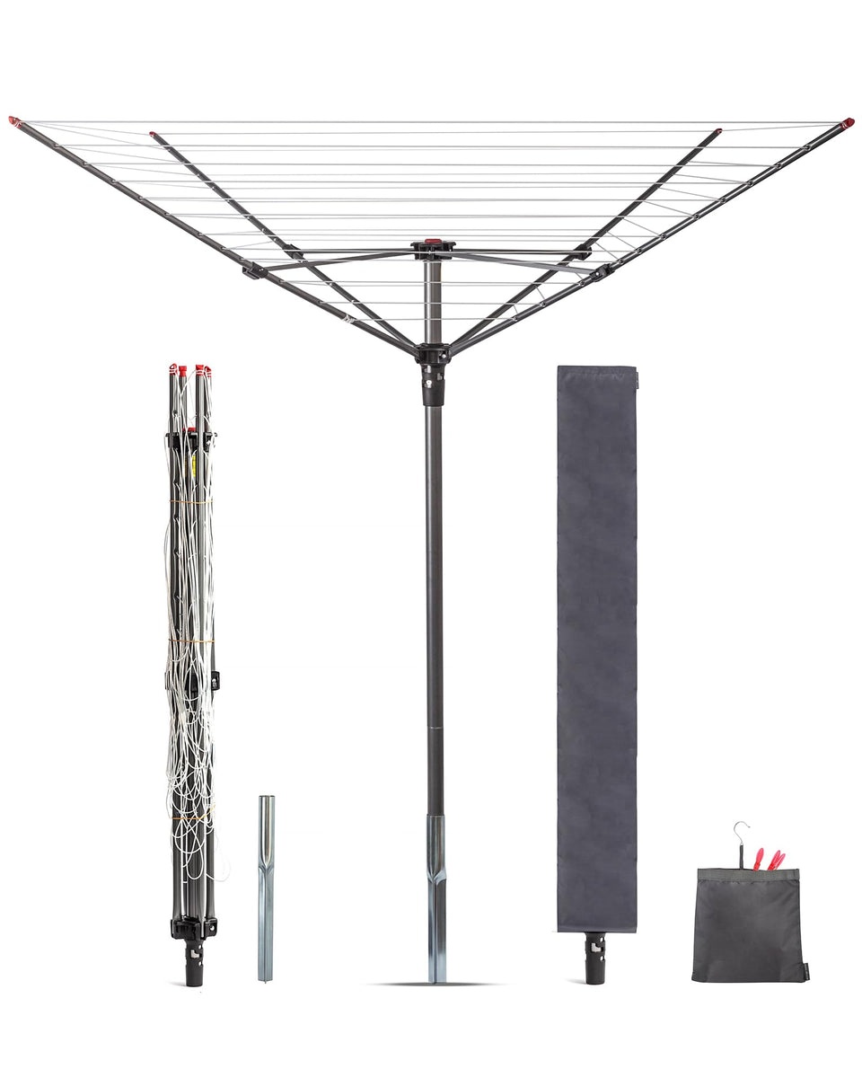 Storage Maniac outdoor umbrella drying rack fully set up in backyard for ample air drying
