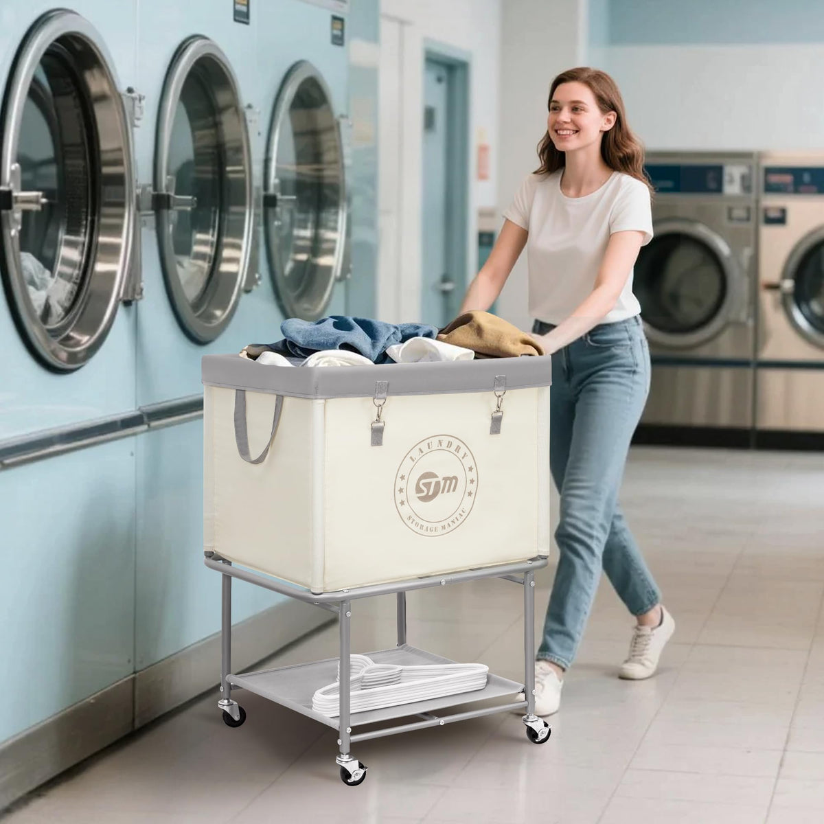Storage Maniac rolling laundry cart beige color complements any space
