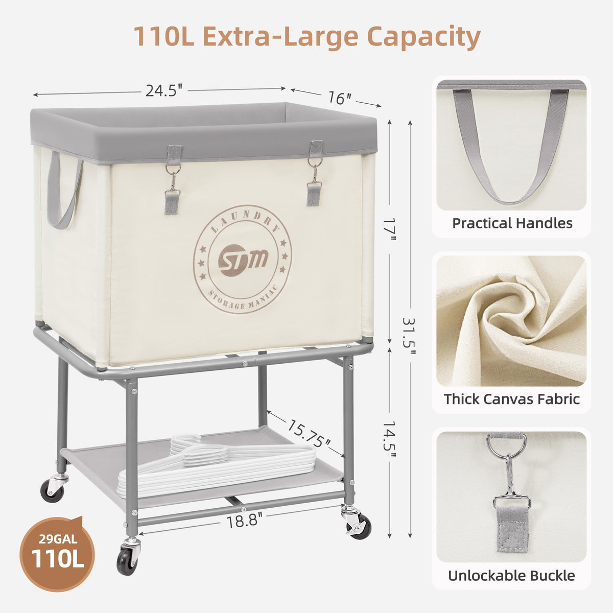 Storage Maniac rolling laundry cart four wheels for smooth mobility