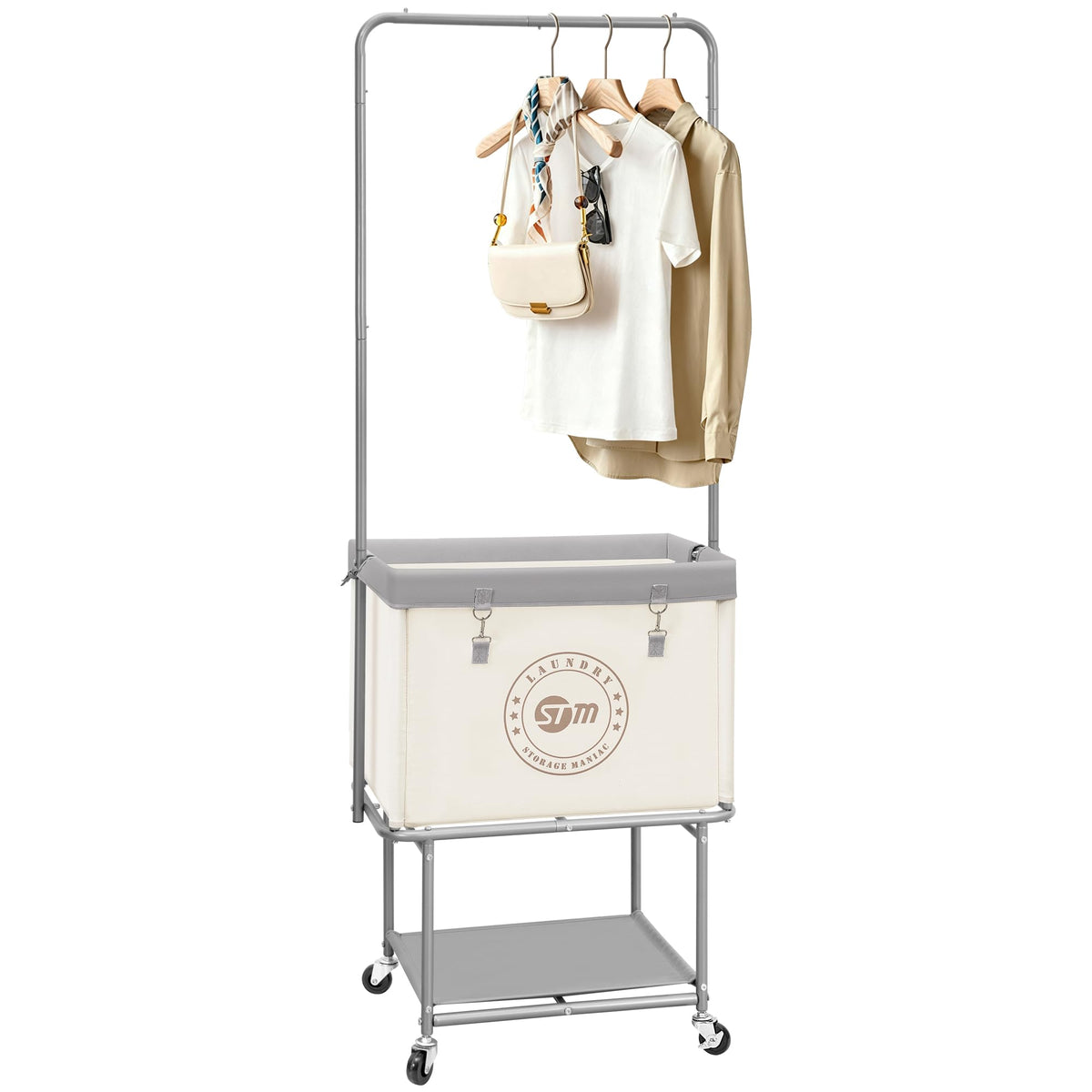 Storage Maniac rolling laundry cart with hanging bar for organized air-drying.