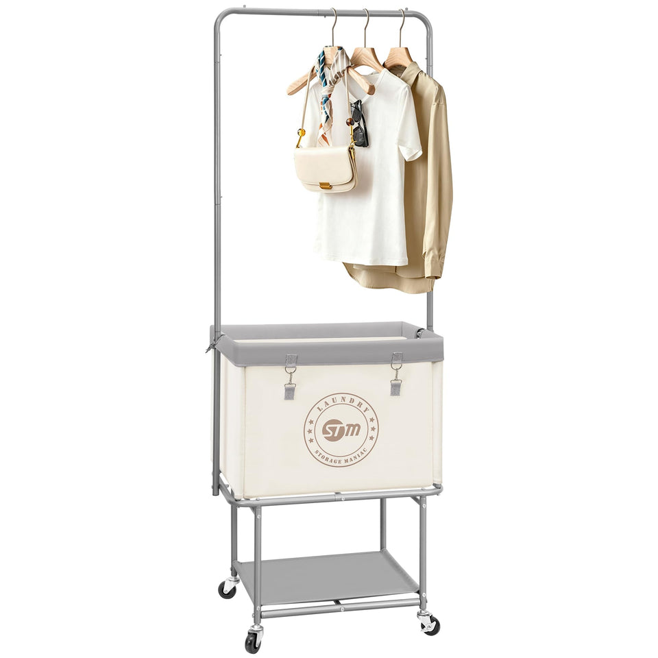 Storage Maniac rolling laundry cart with hanging bar for organized air-drying.
