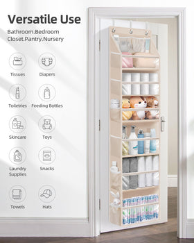Storage Maniac three-hook design hangs securely on standard doors.