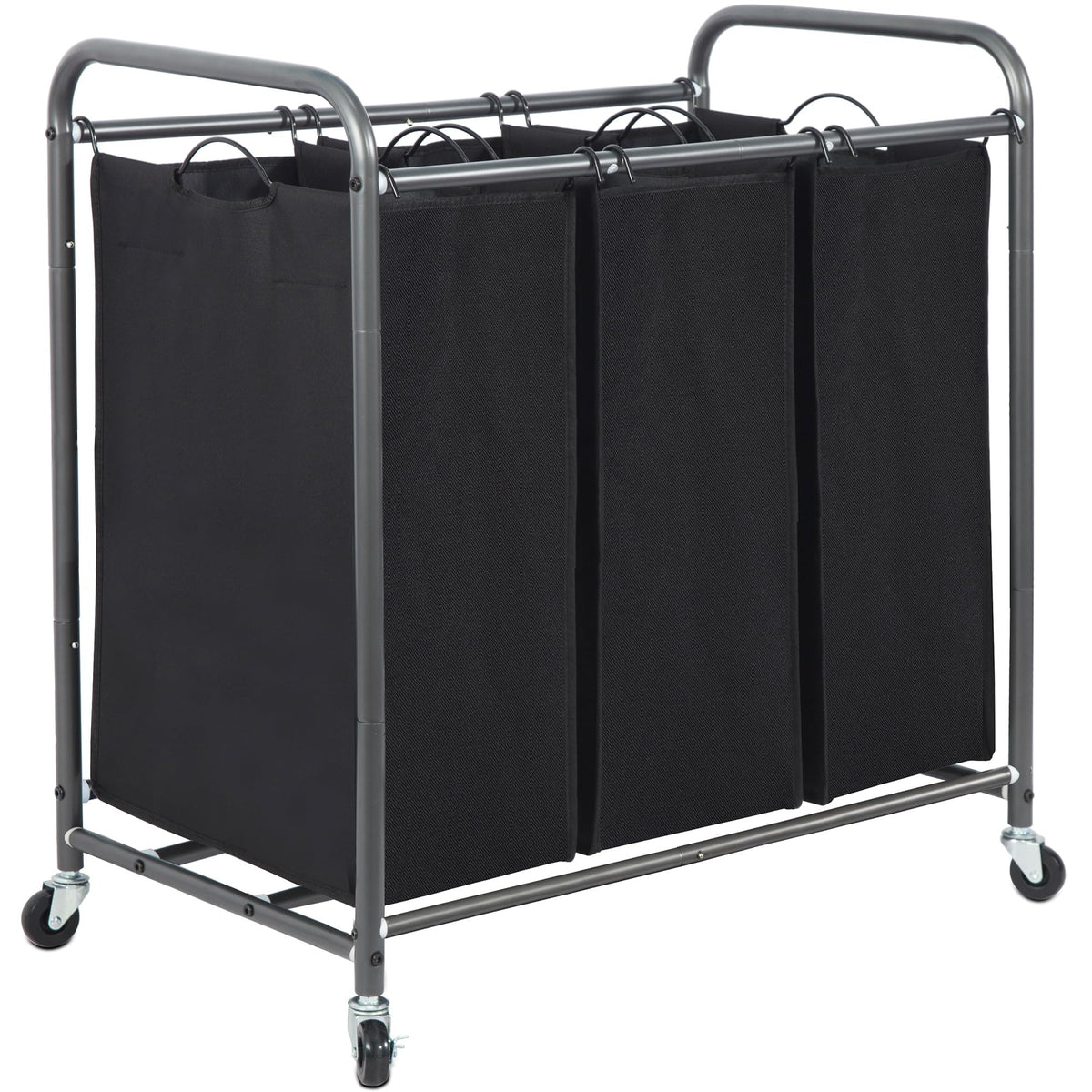 Storage Maniac three-section laundry sorter in black, spacious compartments for organized laundry at home.