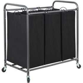 Storage Maniac three-section laundry sorter in black, spacious compartments for organized laundry at home.