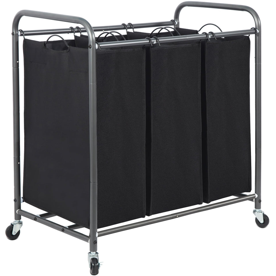 Storage Maniac three-section laundry sorter in black, spacious compartments for organized laundry at home.