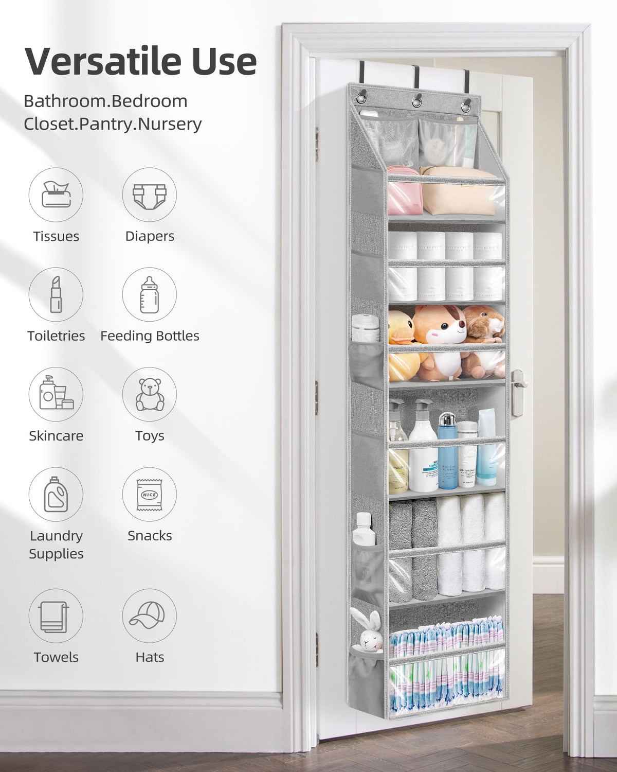 Storage Maniac two-height levels help fit tall bottles or diapers.