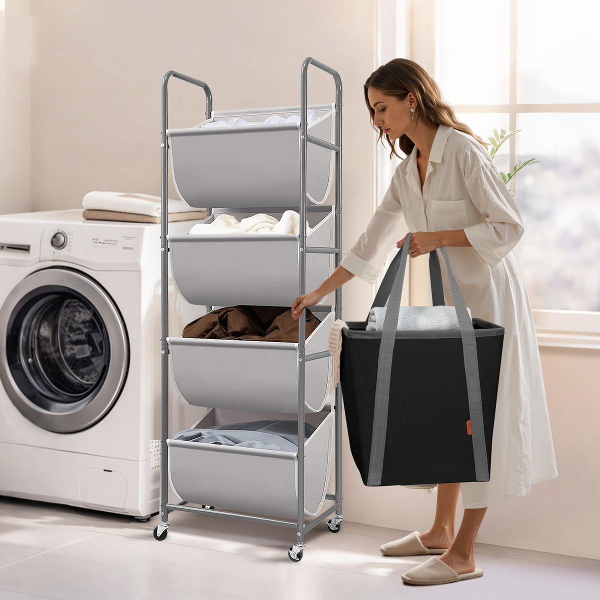 Storage Maniac vertical laundry hamper side view highlighting slim profile for small rooms.