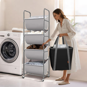 Storage Maniac vertical laundry hamper side view highlighting slim profile for small rooms.