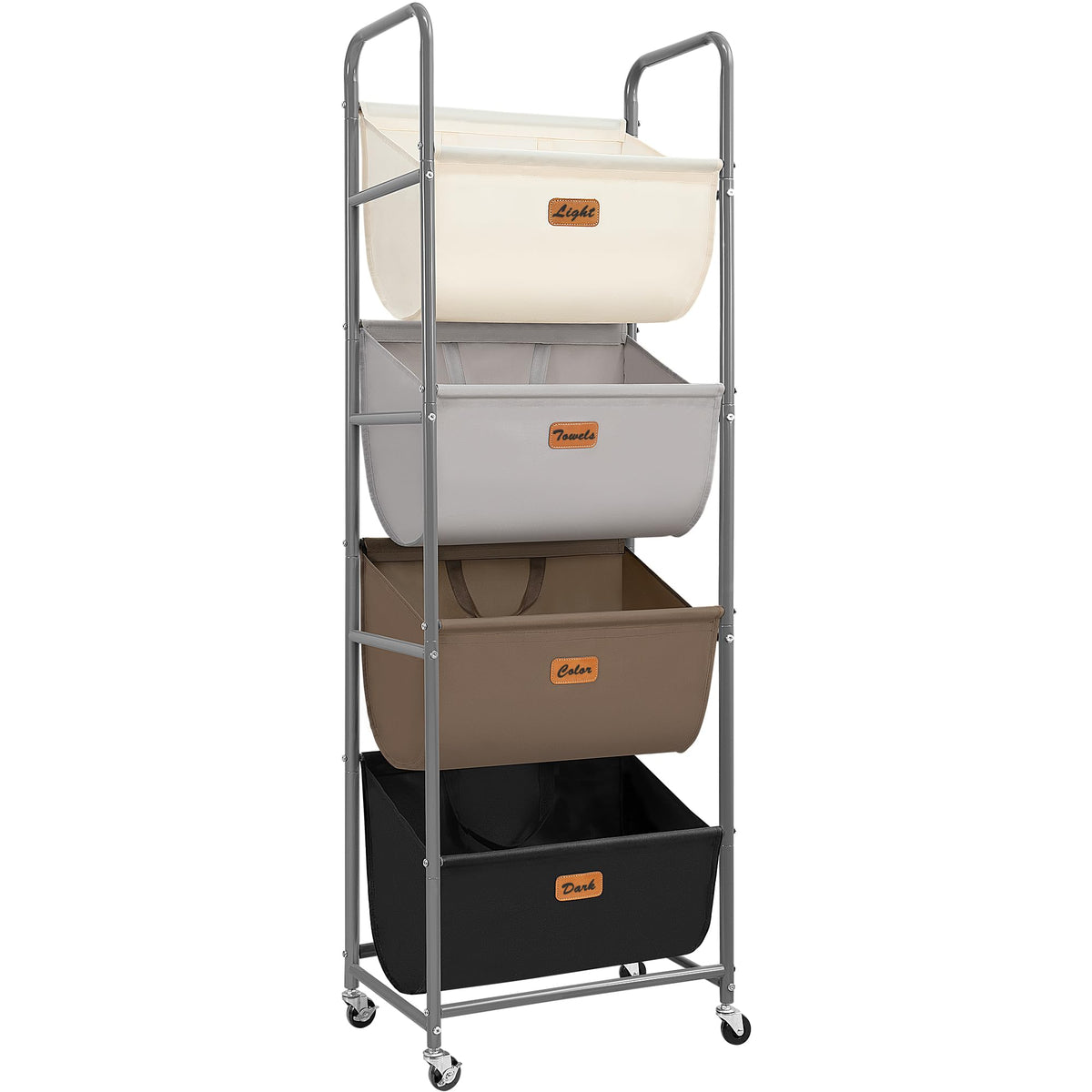 Storage Maniac vertical rolling laundry hamper with detachable bags for easy transport.