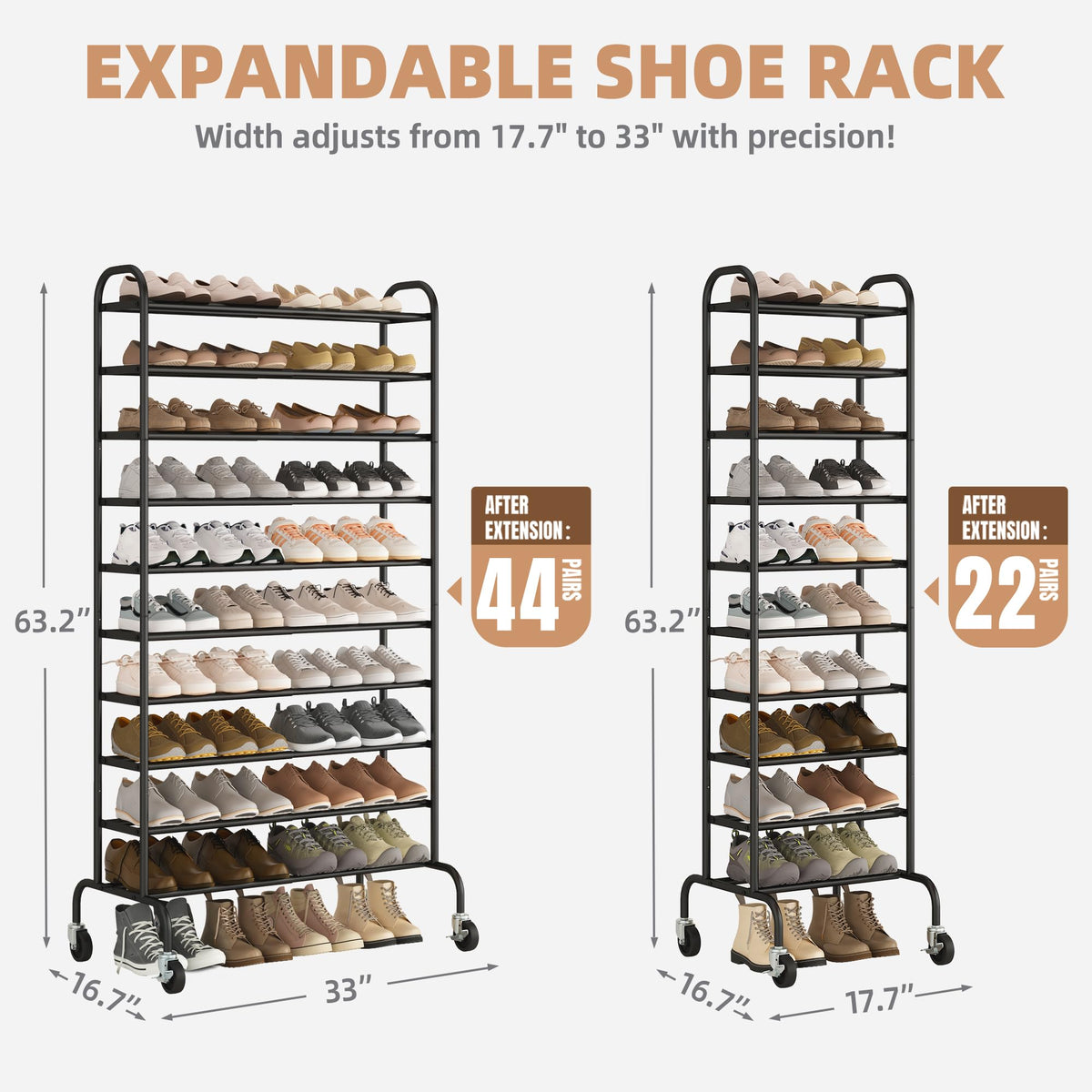 Storage Maniac vertical shoe rack holding up to 44 pairs for efficient closet organization.